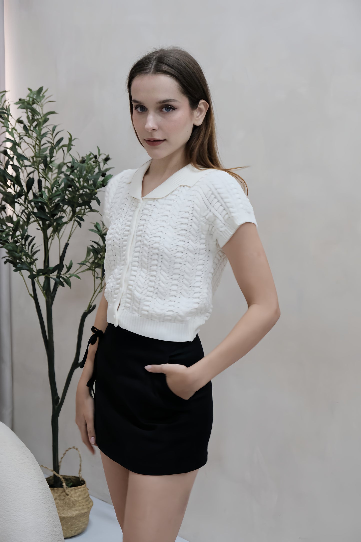 AVERYDAY Valene Button Collar Knit Top in White