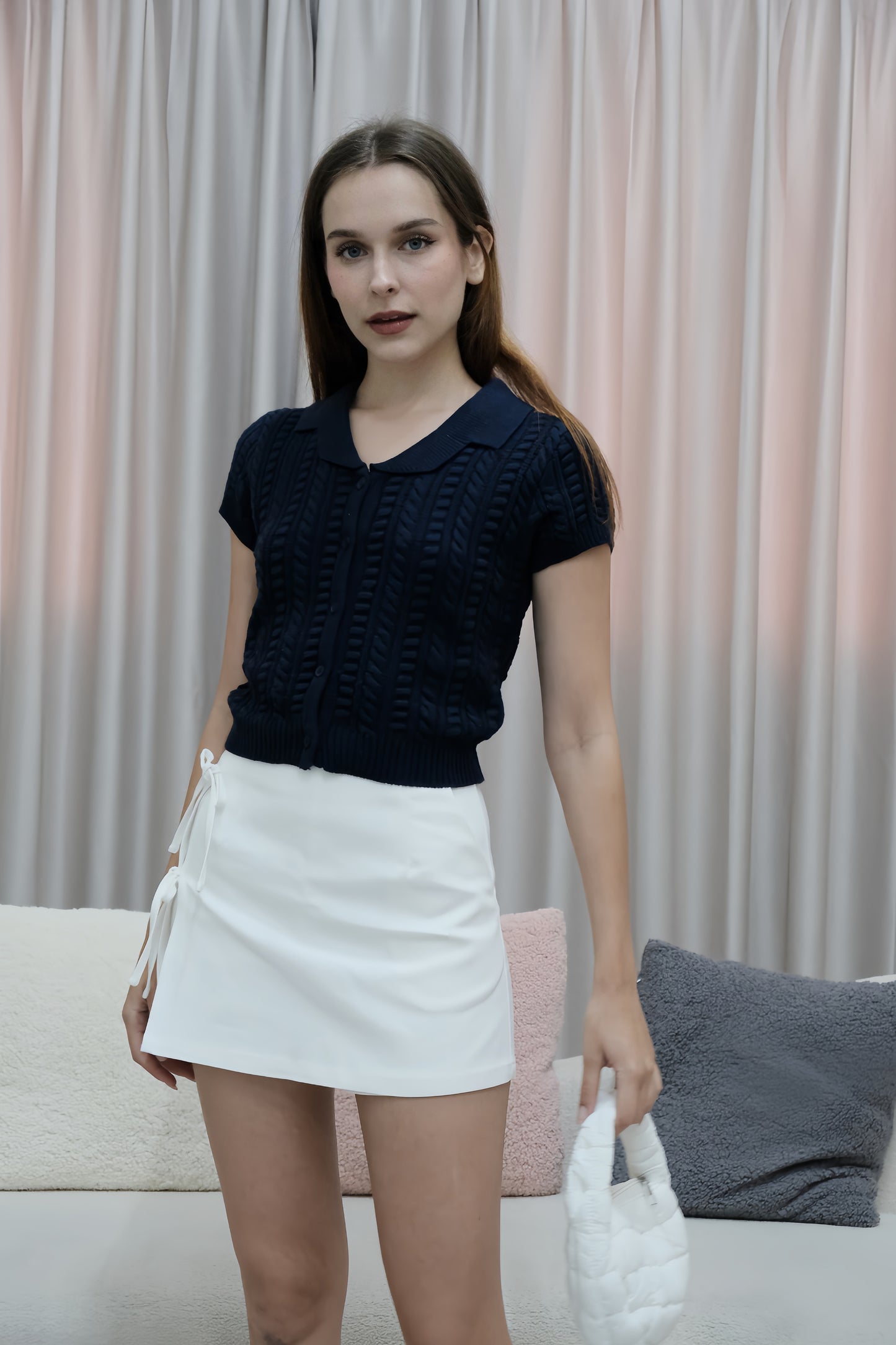 AVERYDAY Valene Button Collar Knit Top in Navy