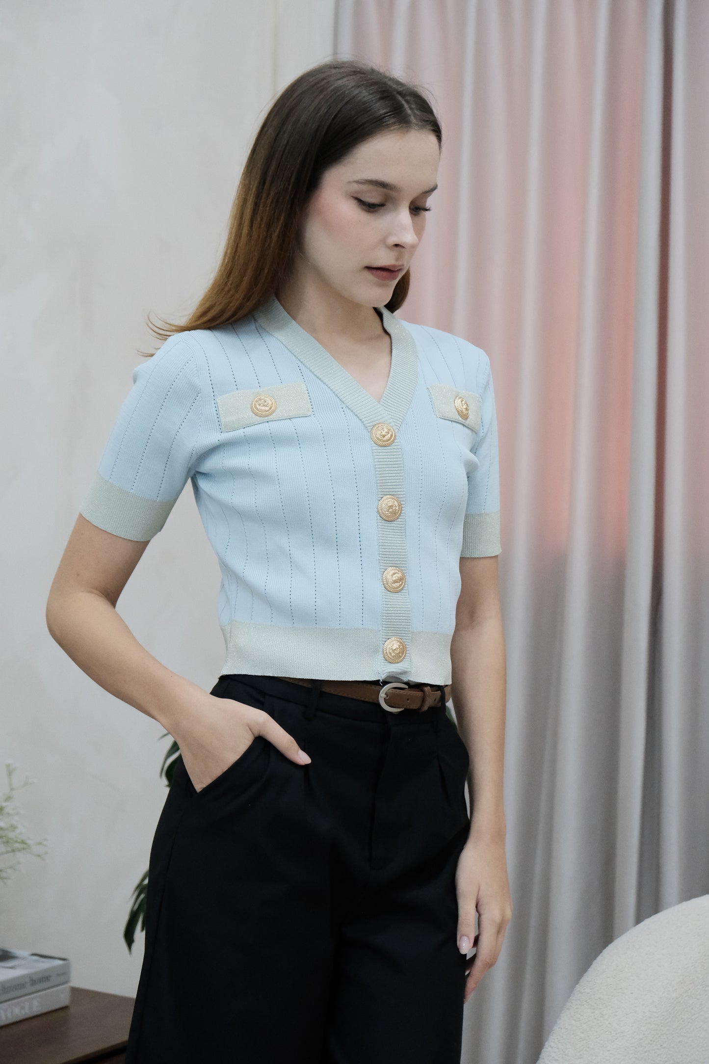 AVERYDAY Autumn Button Knit Top in Blue