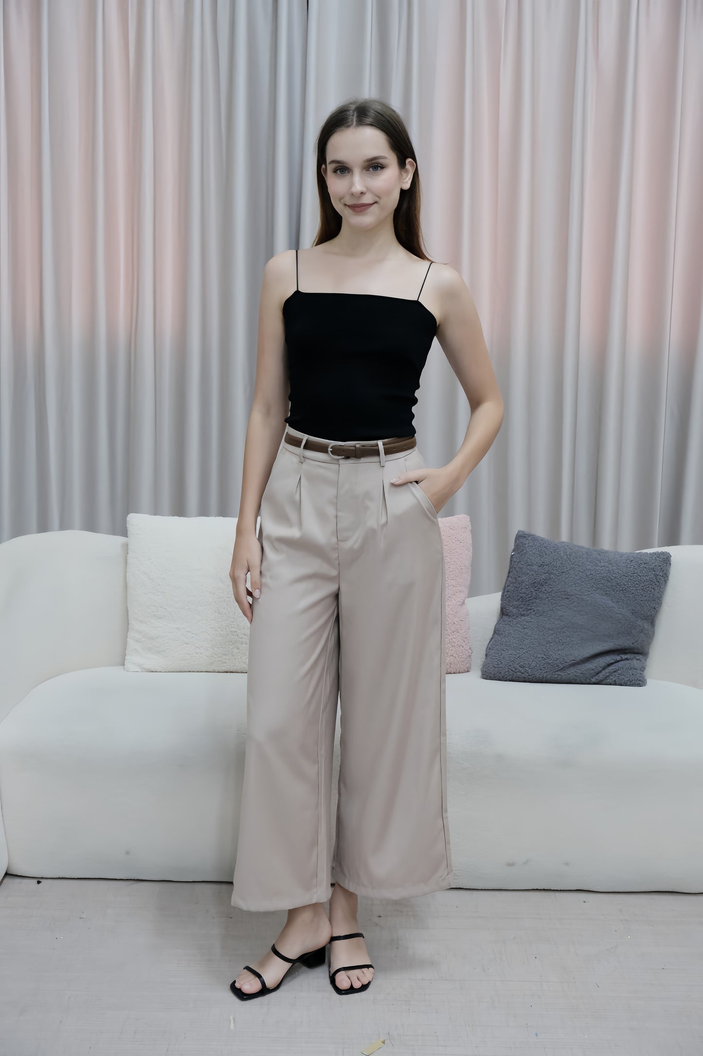 AVERYDAY Erika Work Pants with Belt in Blush Beige