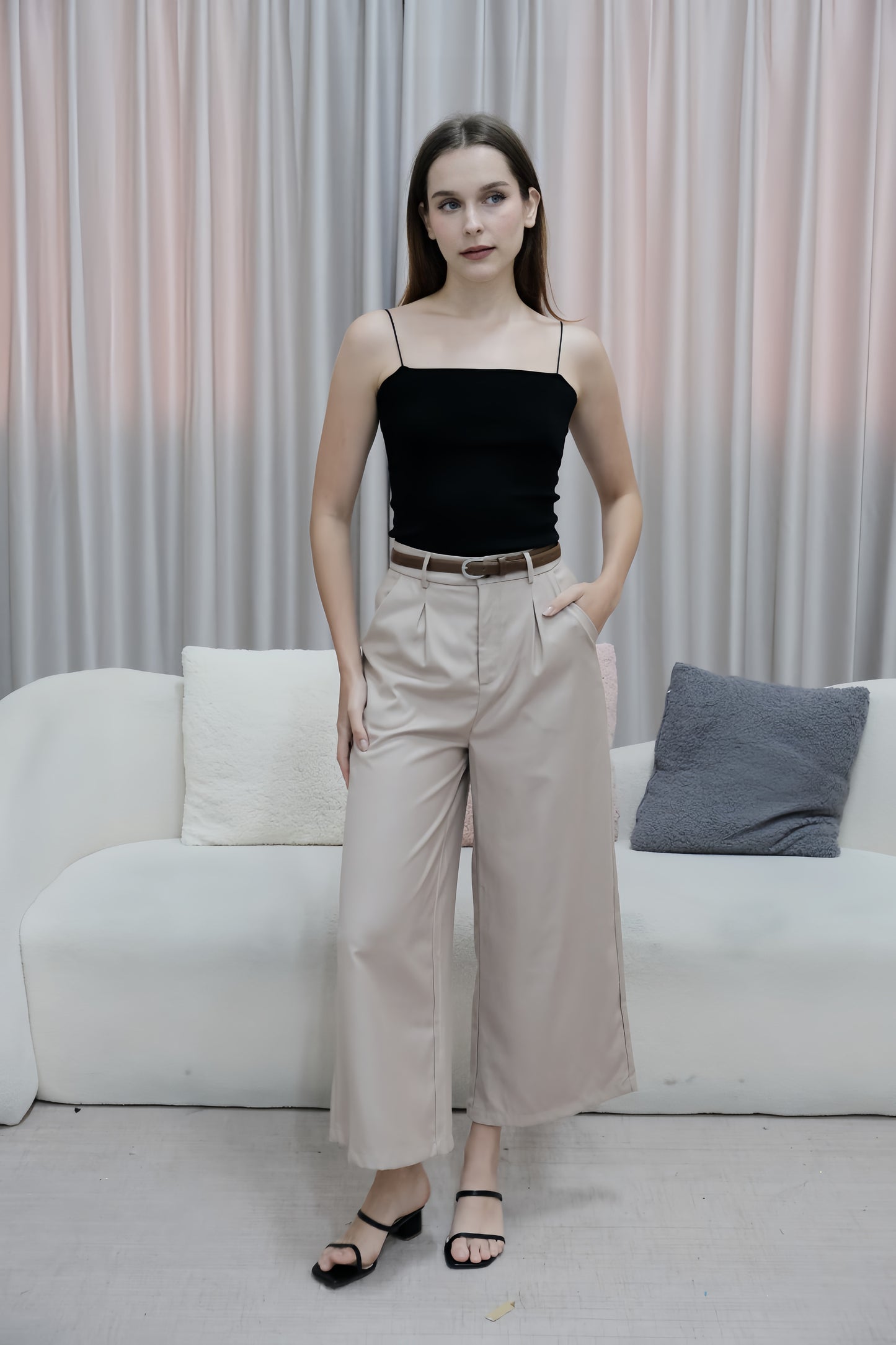 AVERYDAY Erika Work Pants with Belt in Blush Beige