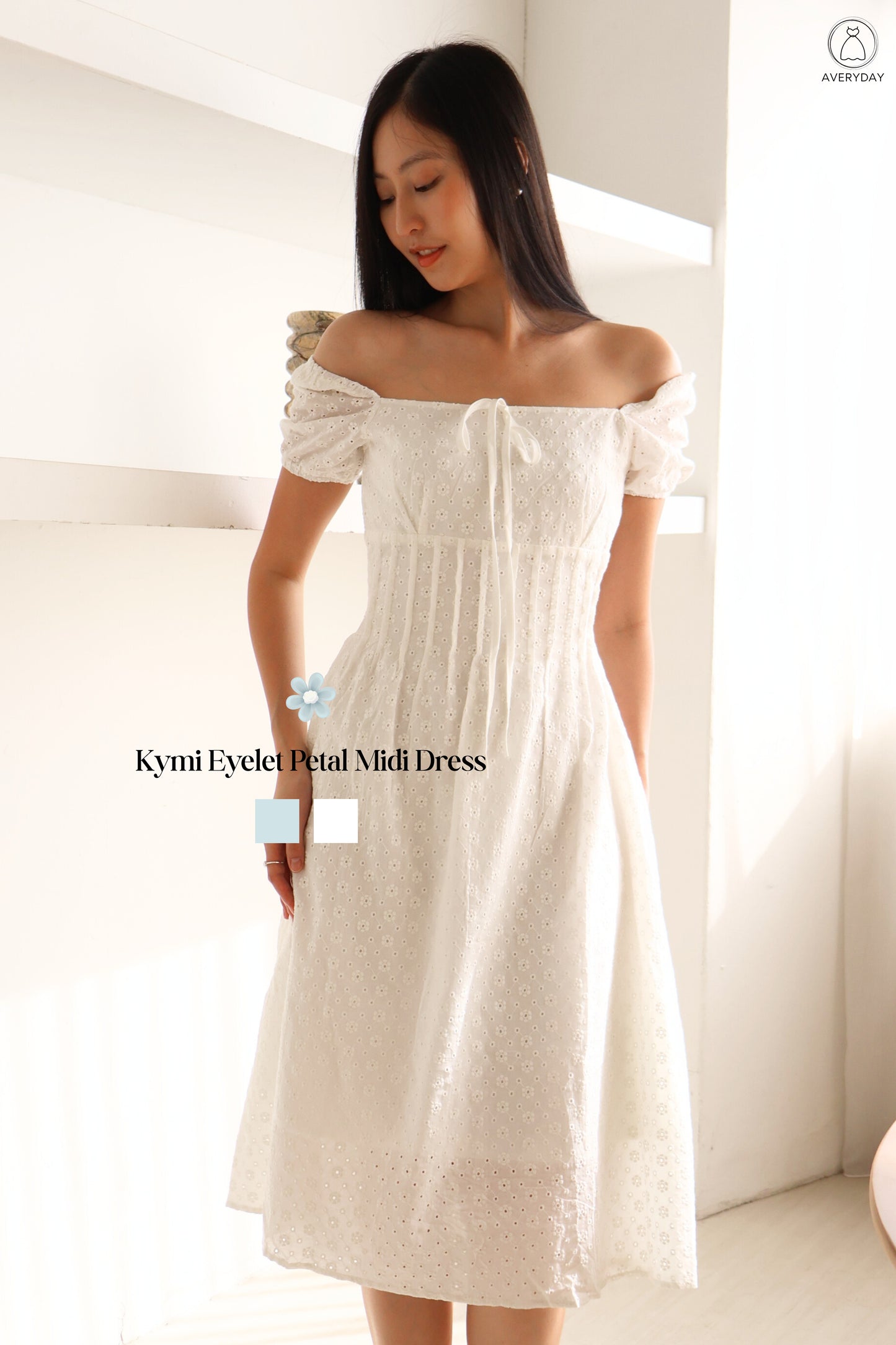Kymi Eyelet Petal Midi Dress In White