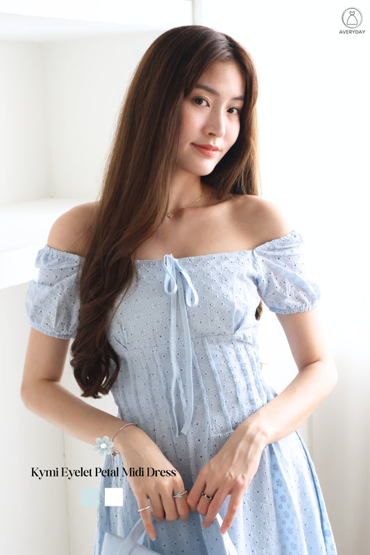 Kymi Eyelet Petal Midi Dress In Sky Blue