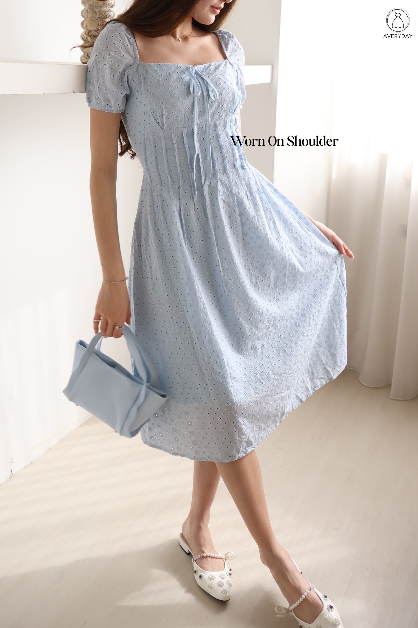 Kymi Eyelet Petal Midi Dress In Sky Blue