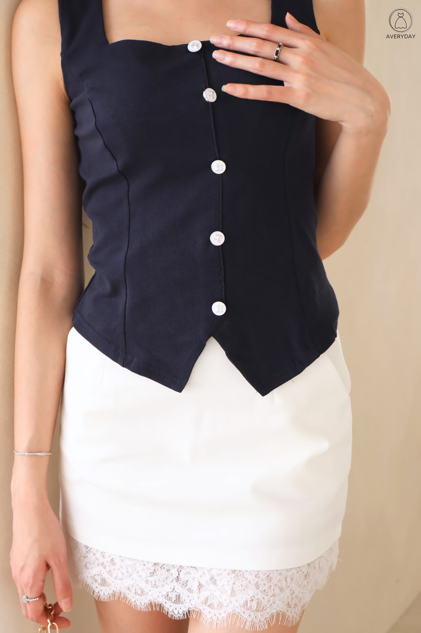 Calice Ribbon Button Square Neck Top In Navy Blue