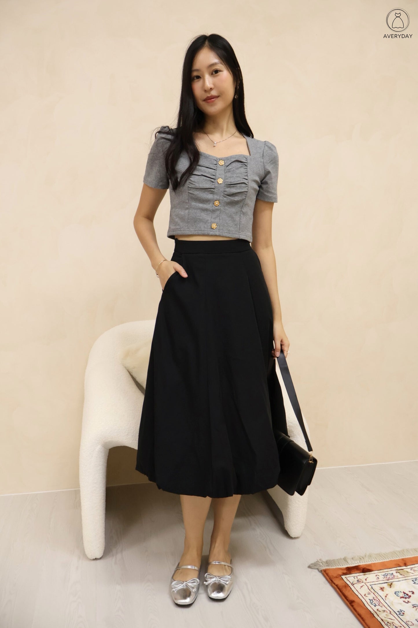 *Premium* Aisling Bubble Hem Midi Skirt In Black