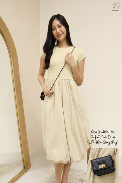 Xena Bubble Hem Pocket Midi Dress In Khaki (With Mini Sling Bag - Black)