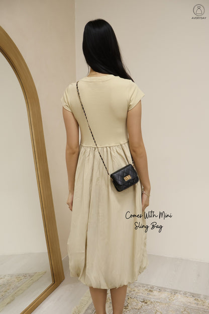 Xena Bubble Hem Pocket Midi Dress In Khaki (With Mini Sling Bag - Black)