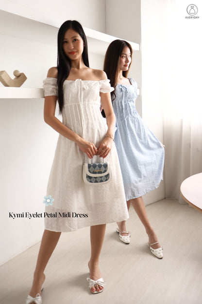 Kymi Eyelet Petal Midi Dress In White