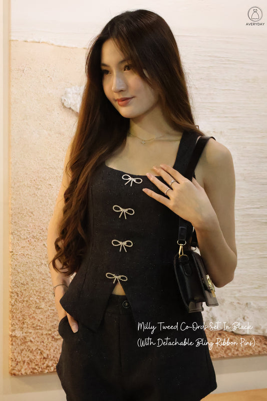 Milly Tweed Co-Ords Set In Black (With Detachable Bling Ribbon Pins)