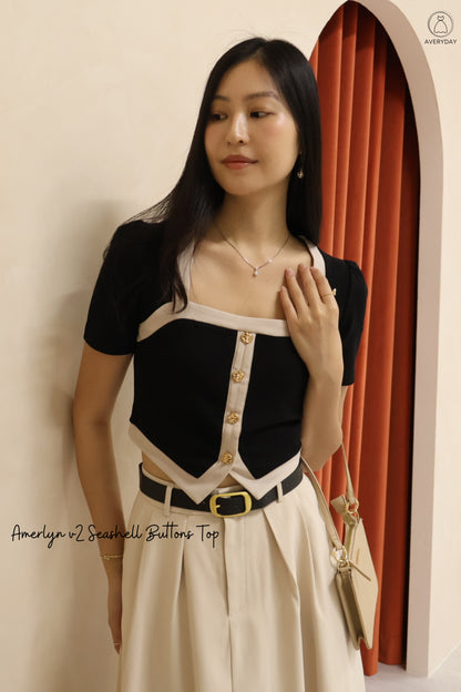 Amerlyn v2 Seashell Buttons Top In Black
