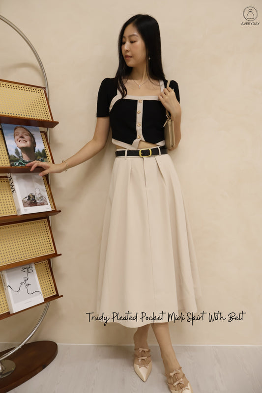 Trudy Pleated Pocket Midi Skirt With Belt In Cream