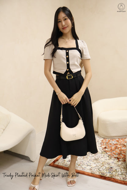 Trudy Pleated Pocket Midi Skirt With Belt In Black
