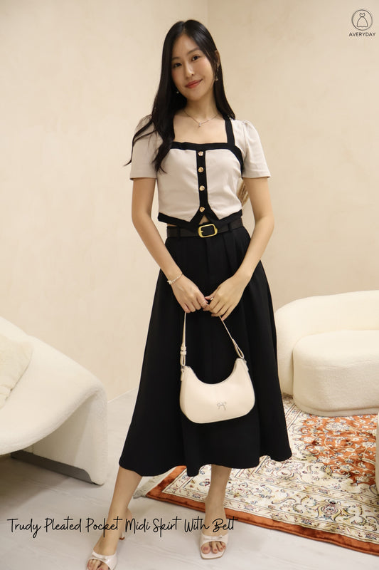 Trudy Pleated Pocket Midi Skirt With Belt In Black