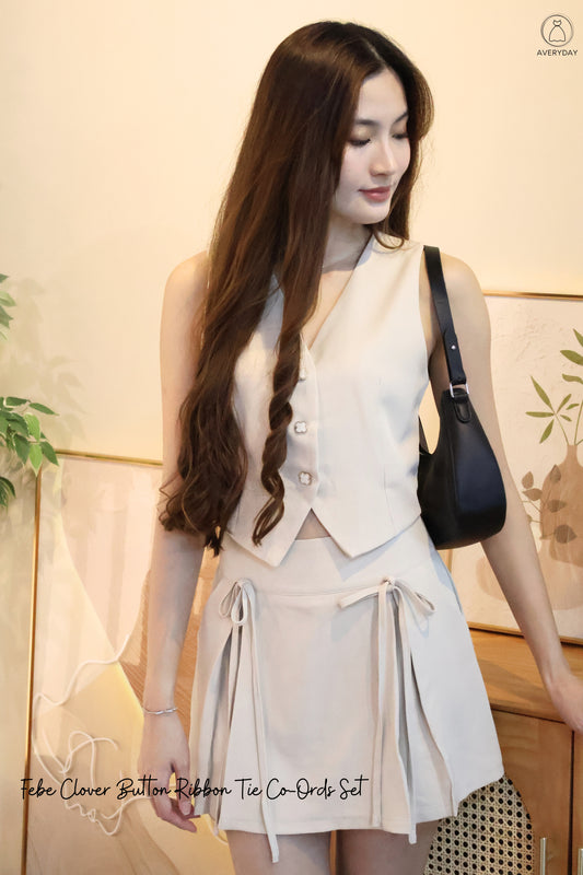 Febe Clover Button Ribbon Tie Co-Ords Set In Cream