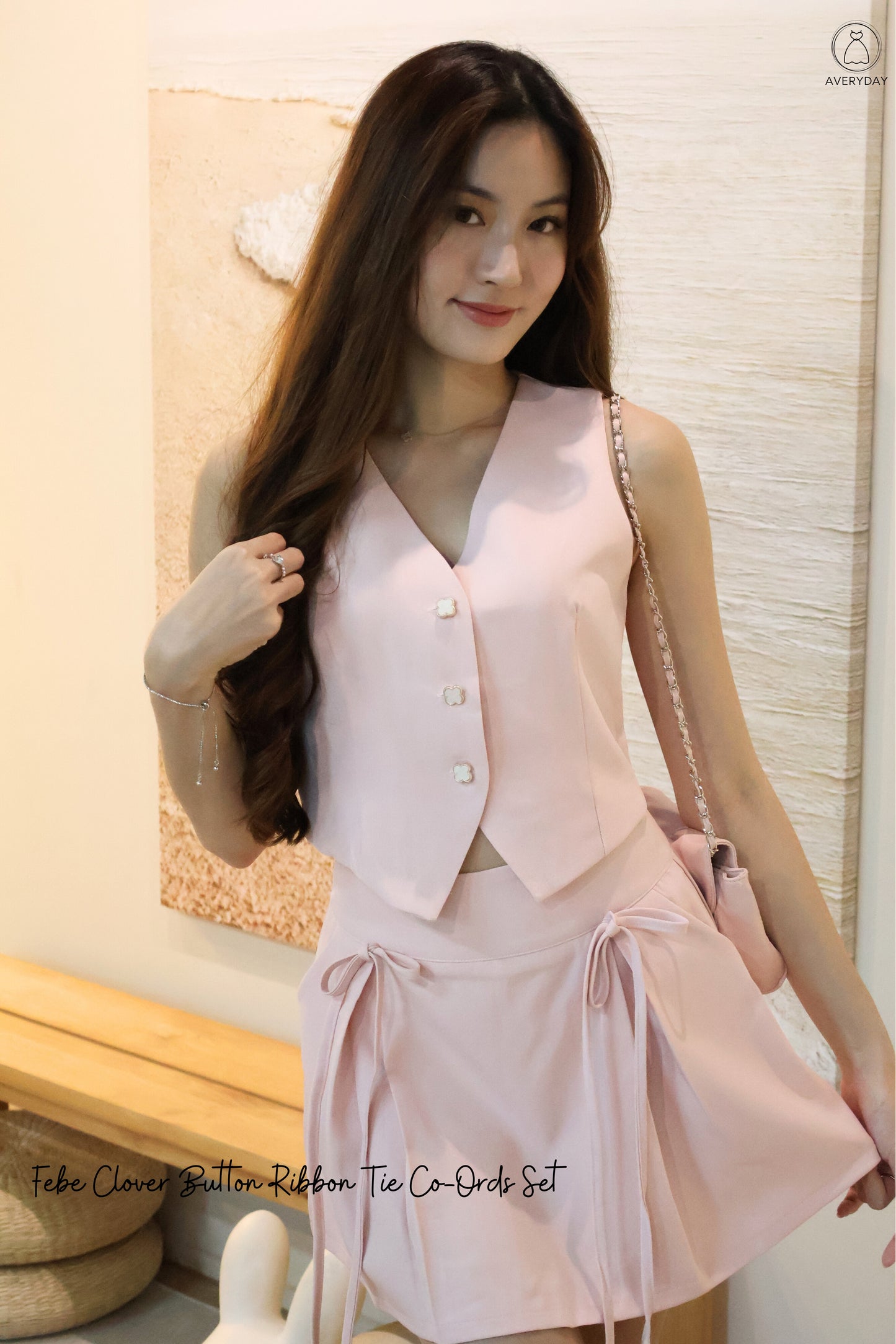 Febe Clover Button Ribbon Tie Co-Ords Set In Pink