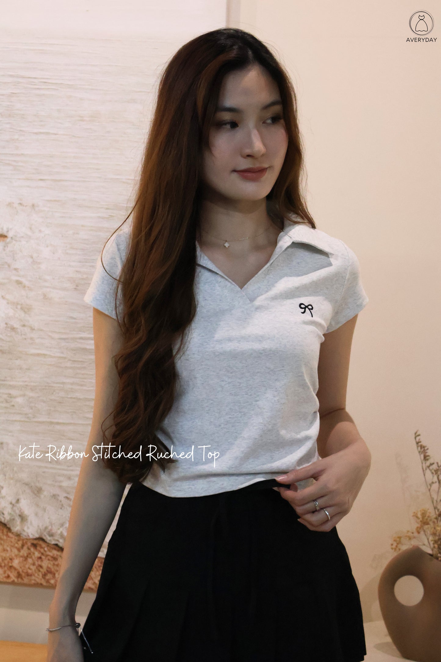 Kate Ribbon Stitched Ruched Top In Grey