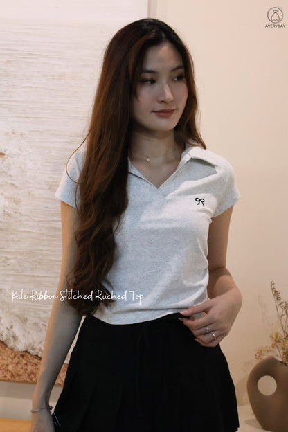 Kate Ribbon Stitched Ruched Top In Grey