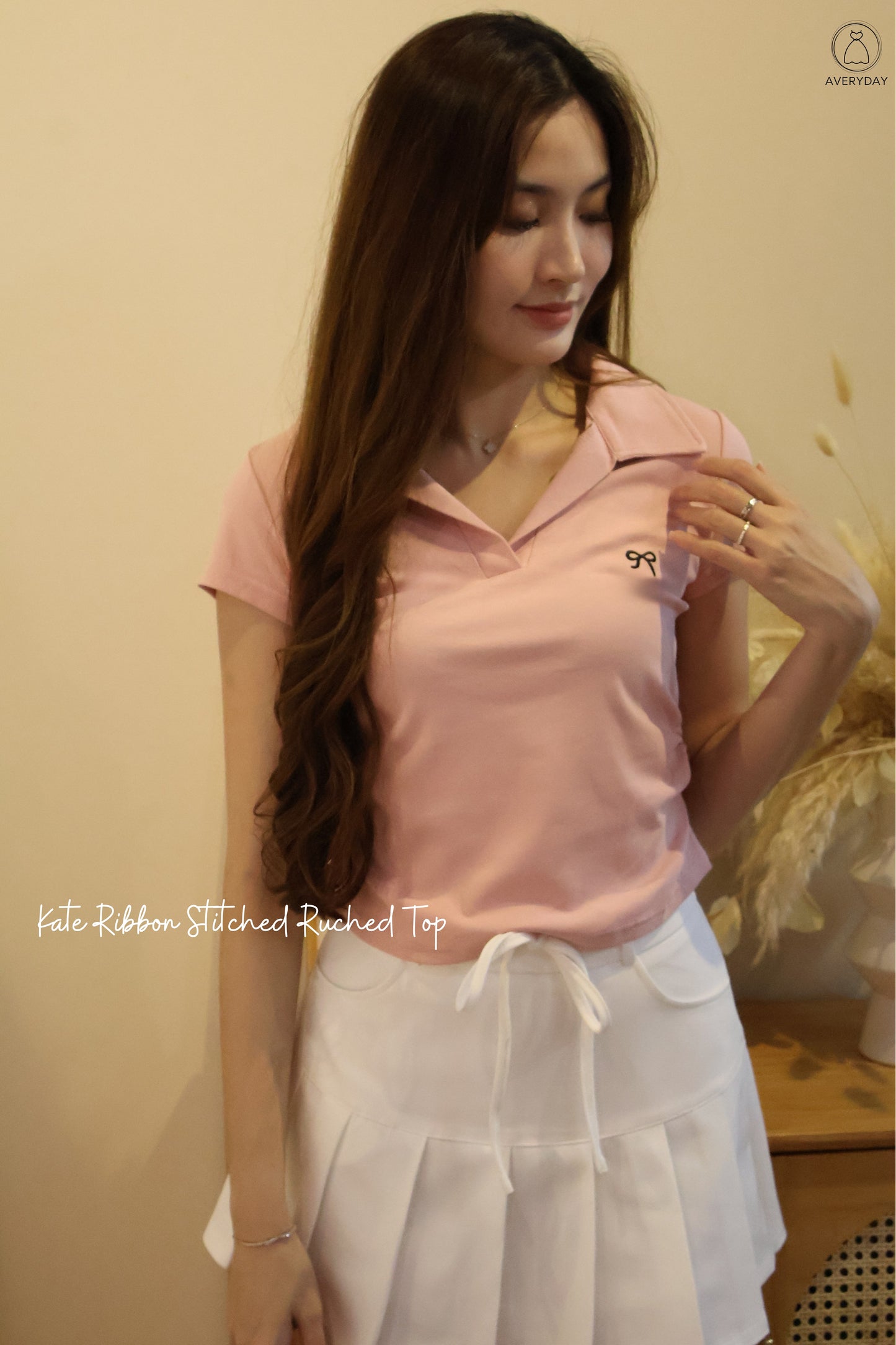 Kate Ribbon Stitched Ruched Top In Pink