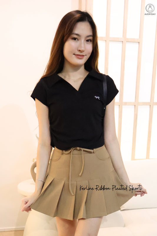Kerline Ribbon Pocket Pleated Skorts In Brown