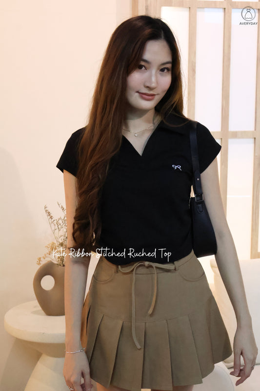 Kate Ribbon Stitched Ruched Top In Black