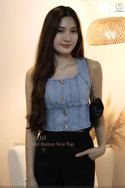Jill Denim Gold Button Vest Top In Light Wash