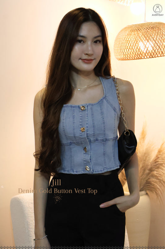 Jill Denim Gold Button Vest Top In Light Wash