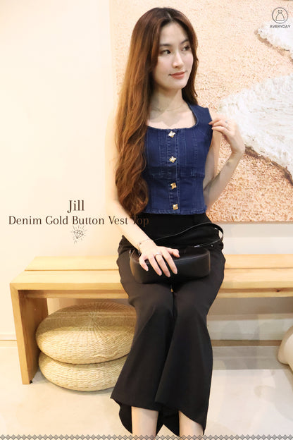 Jill Denim Gold Button Vest Top In Dark Wash