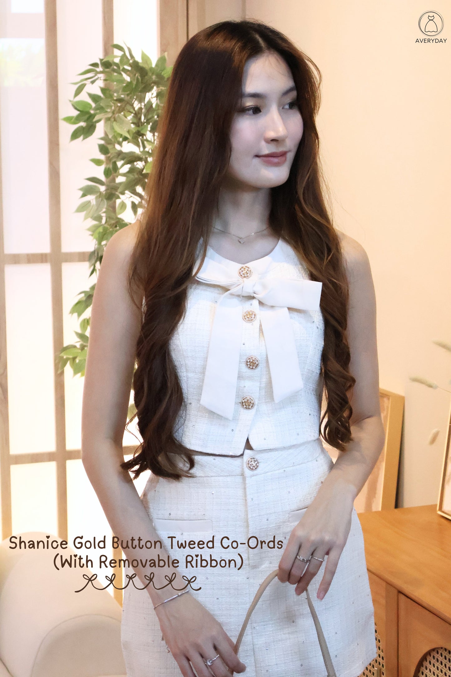 Shanice Gold Button Tweed Co-Ord Set (With Removable Ribbon) In Cream