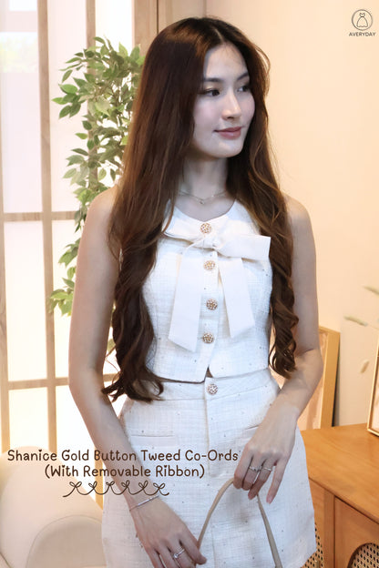 Shanice Gold Button Tweed Co-Ord Set (With Removable Ribbon) In Cream
