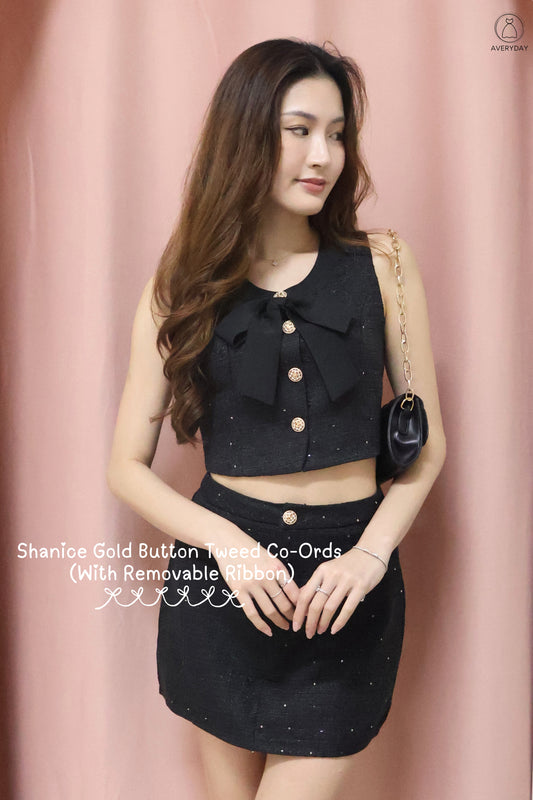 Shanice Gold Button Tweed Co-Ord Set (With Removable Ribbon) In Black