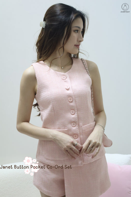 Janet Button Pocket Co-Ord Set In Pink