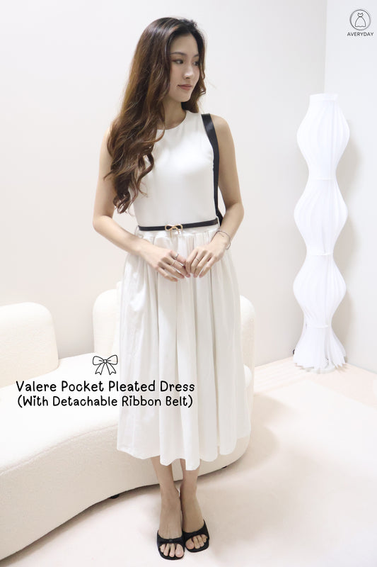 Valere Pocket Pleated Dress (With Detachable Ribbon Belt) In White