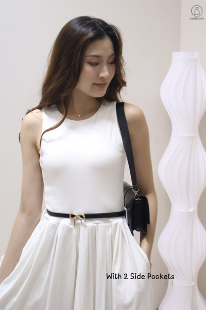 Valere Pocket Pleated Dress (With Detachable Ribbon Belt) In White