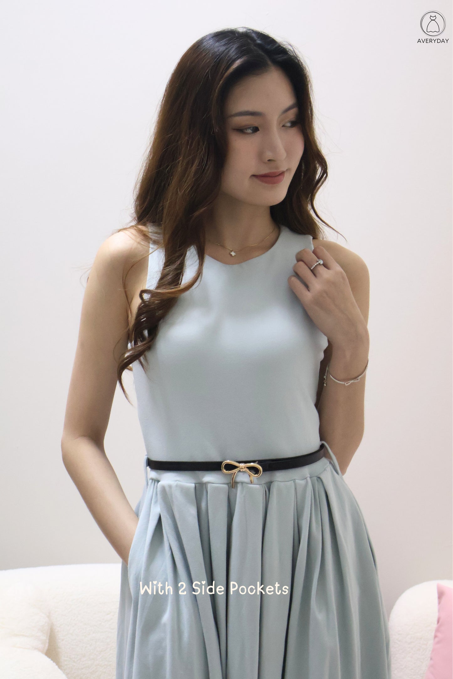 Valere Pocket Pleated Dress (With Detachable Ribbon Belt) In Blue