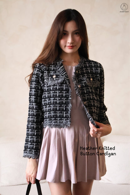 Heather Knitted Button Cardigan In Black