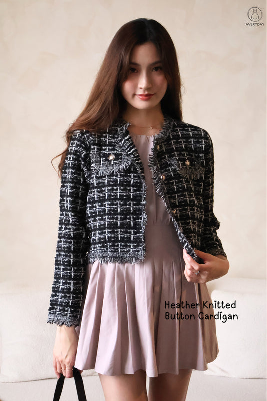 Heather Knitted Button Cardigan In Black