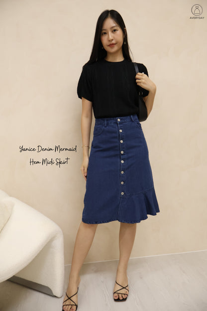 Yanice Denim Mermaid Hem Midi Skirt In Dark Wash