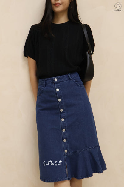 Yanice Denim Mermaid Hem Midi Skirt In Dark Wash