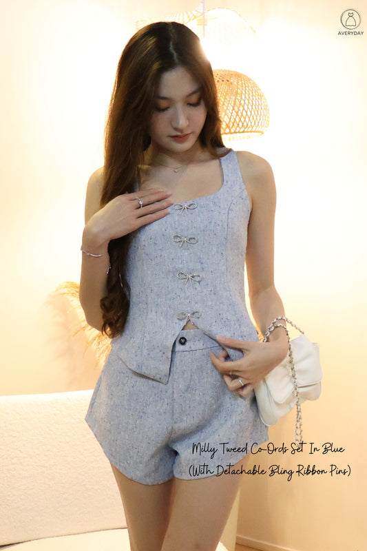 Milly Tweed Co-Ords Set In Blue (With Detachable Bling Ribbon Pins)