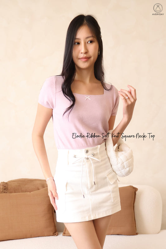 Elodie Ribbon Soft Knit Square Neck Top In Lilac