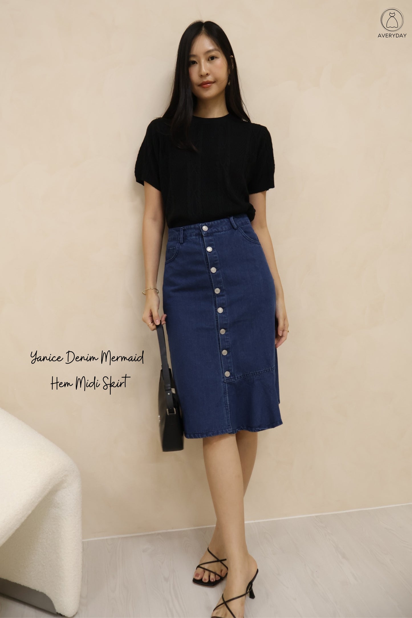 Yanice Denim Mermaid Hem Midi Skirt In Dark Wash