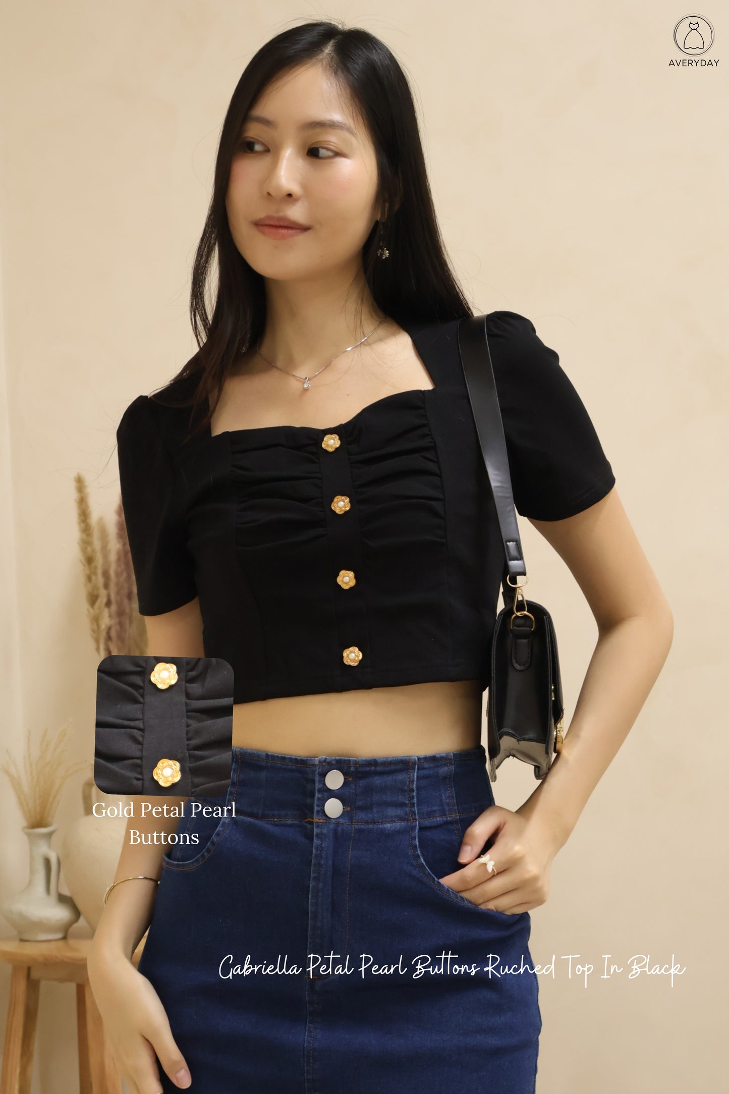 Gabriella Petal Pearl Buttons Ruched Top In Black