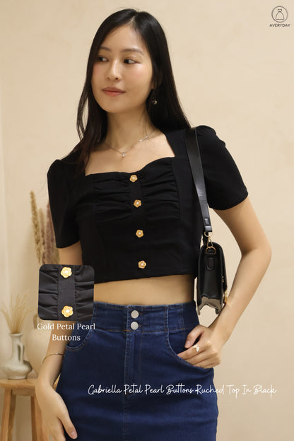 Gabriella Petal Pearl Buttons Ruched Top In Black