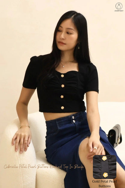 Gabriella Petal Pearl Buttons Ruched Top In Black