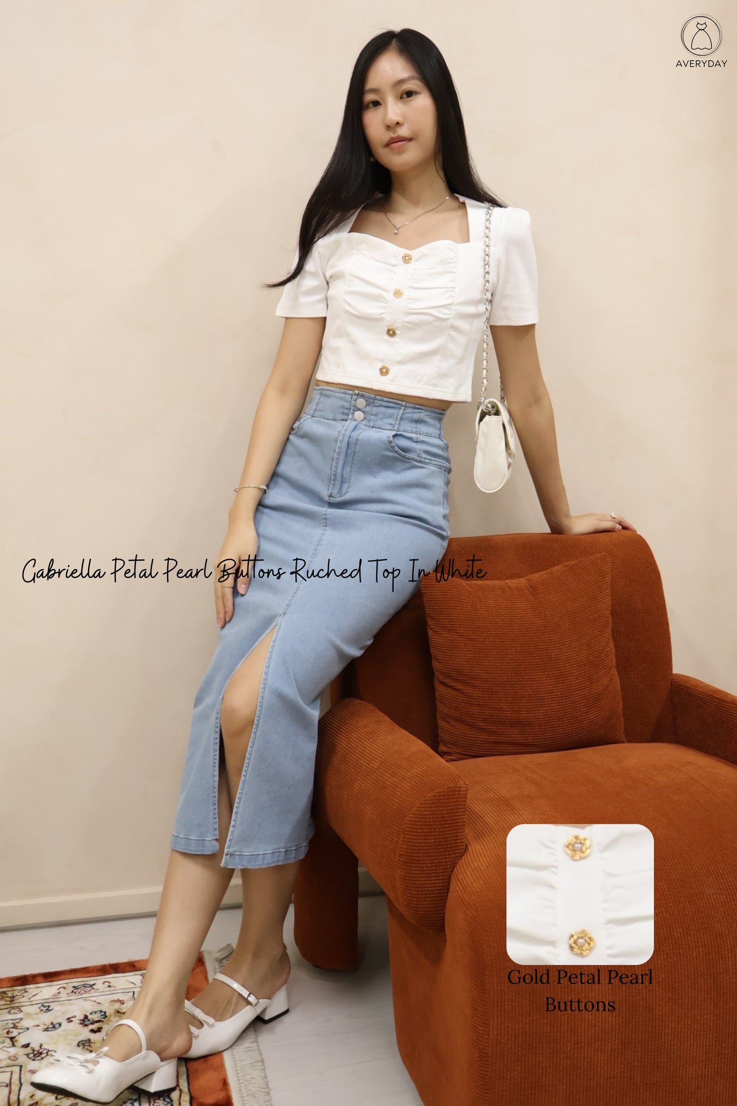 Gabriella Petal Pearl Buttons Ruched Top In White