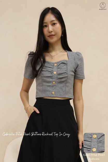 Gabriella Petal Pearl Buttons Ruched Top In Grey