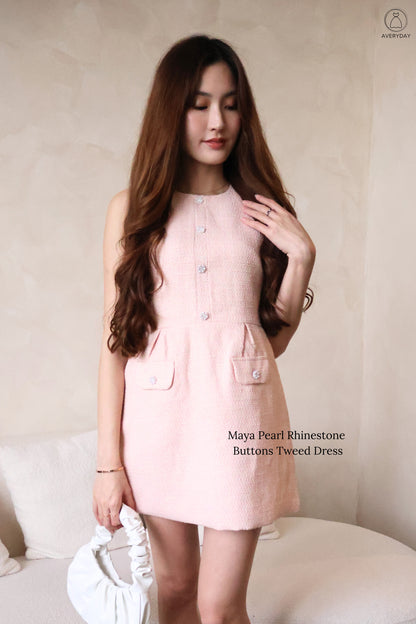 *Premium* Maya Pearl Rhinestone Buttons Tweed Dress In Pink