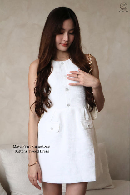 *Premium* Maya Pearl Rhinestone Buttons Tweed Dress In White