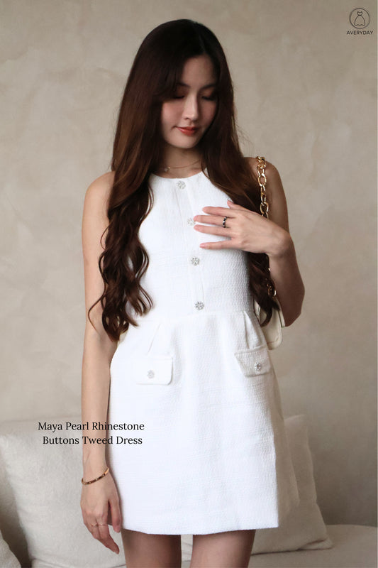 *Premium* Maya Pearl Rhinestone Buttons Tweed Dress In White